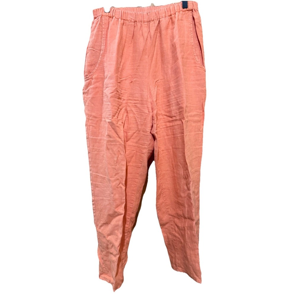 FLAX Salmon Linen Pants Lagenlook Boho Hippie Beach Stretch Waist Crop Petite